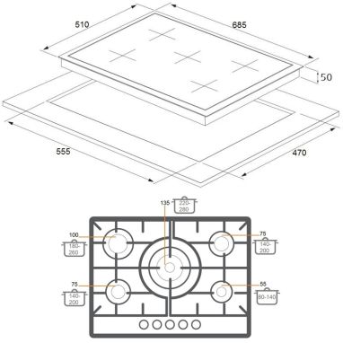 FABIANO Газовая варочная поверхность FHG-R 10-55 VGH-T Cream (8111.405.0312)