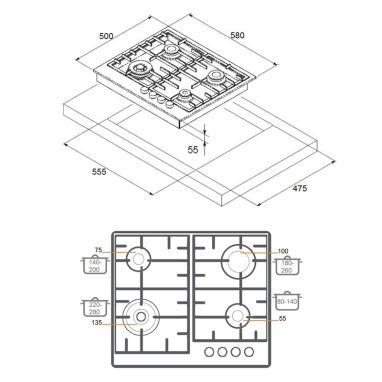 FABIANO Газовая варочная поверхность FHG-R 27-44 VGH-T Antracit (8112.508.0067)
