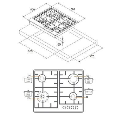 FABIANO Газовая варочная поверхность FHG-R 27-44 VGH-T Ivory (8112.508.0333)