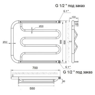 KOSSER Полотенцесушитель водяной Фокстрот 32 Спиралеобразный 530х700 (ФС04)