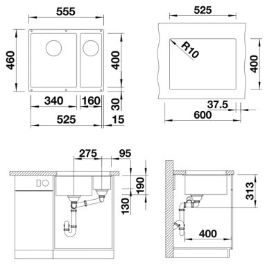 BLANCO Мойка под столешницу для кухни SUBLINE 340/160-U без крыла антрацит (523548)