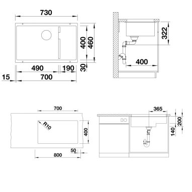 BLANCO Мойка под столешницу для кухни SUBLINE 700-U Level без крыла темная скала (523539)