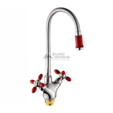 ZERIX Смеситель для кухни двухвентильный с гибким изливом Z5860-5 Chrome/Red (ZX0347)