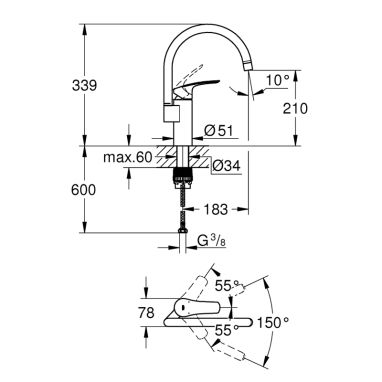 GROHE Смеситель для кухни однорычажный EUROSMART NEW (33202003)
