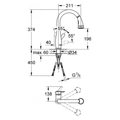 GROHE Смеситель для кухни однорычажный с выносным шлангом Parkfield (30213ZB0)