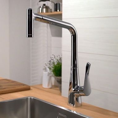 HANSGROHE Смеситель для кухни однорычажный с выносным шлангом Metris (14820000)