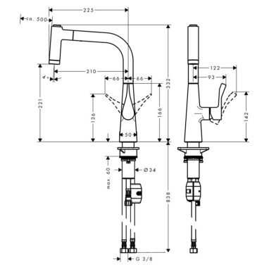 HANSGROHE Смеситель для кухни однорычажный с выносным шлангом Metris (14834000)