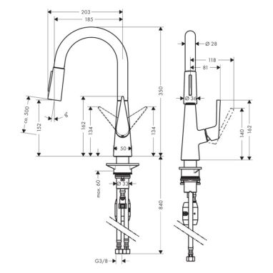 HANSGROHE Смеситель для кухни однорычажный с выносным шлангом Talis S (72815000)