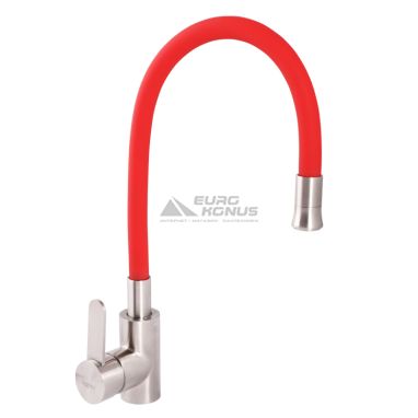 ZERIX Смеситель для кухни однорычажный с гибким изливом LR74004-1 Нерж/Red (LL1476)