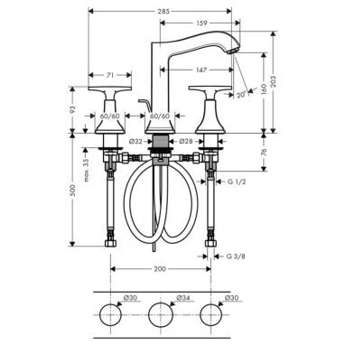 HANSGROHE Смеситель для умывальника двухвентильный скрытого монтажа Metropol Classic (31307000)