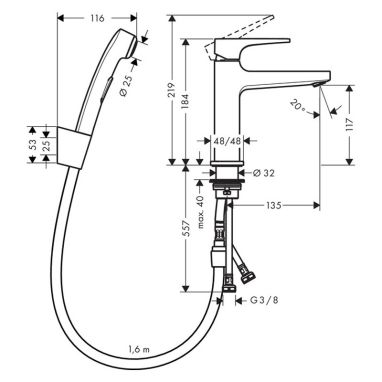 HANSGROHE Смеситель для умывальника однорычажный с гигиеническим душем Metropol (32522000)
