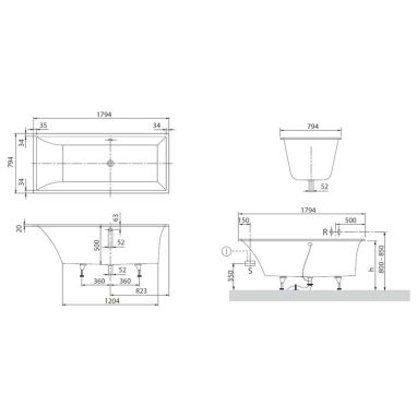 VILLEROY&BOCH Ванна квариловая + ножки Squaro Slim (UBQ180SQS2V-01)